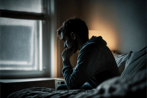 a person sits in a dark bedroom on a bed while detoxing from alcohol at home