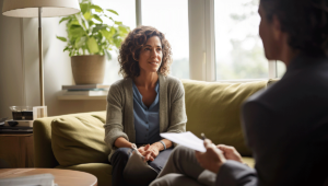 a therapist discusses the benefits of cognitive behavioral therapy with a new client